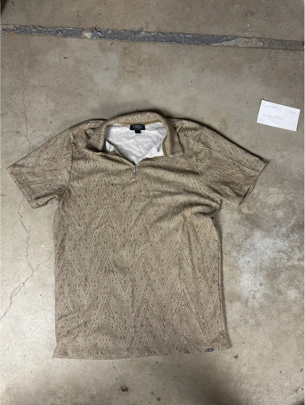 BoohooMAN Brown Beige Herringbone Quarter Zip Polo Shirt Men’s Short Sleeve